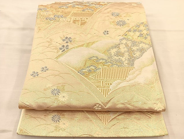 平和屋着物◎六通柄袋帯 唐織 冊子風景花文 金銀糸 正絹 逸品 BAAI6757di