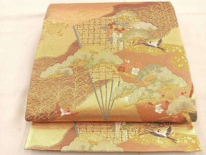 平和屋着物◎六通柄袋帯 唐織 扇面花鳥文 金糸 正絹 逸品 BAAI6774di