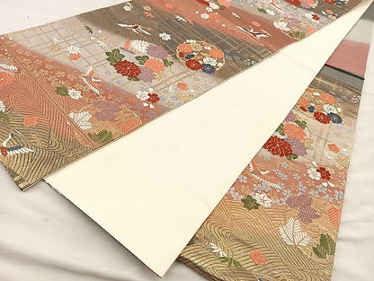 平和屋着物◎六通柄袋帯 唐織 飛鶴引き寄せ花丸文 金糸 正絹 逸品 BAAI6761di