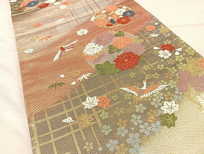 平和屋着物◎六通柄袋帯 唐織 飛鶴引き寄せ花丸文 金糸 正絹 逸品 BAAI6761di