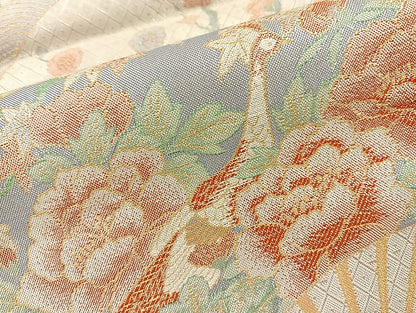 平和屋着物◎宝珠本佐賀錦 六通柄袋帯 扇面孔雀花文 正絹九百錦 金銀糸 正絹 逸品 BAAI6778di