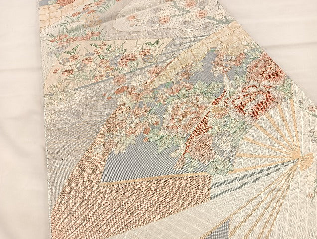 平和屋着物◎宝珠本佐賀錦 六通柄袋帯 扇面孔雀花文 正絹九百錦 金銀糸 正絹 逸品 BAAI6778di