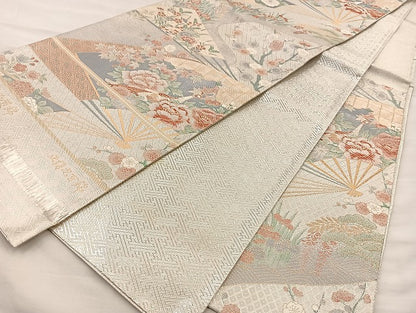 平和屋着物◎宝珠本佐賀錦 六通柄袋帯 扇面孔雀花文 正絹九百錦 金銀糸 正絹 逸品 BAAI6778di