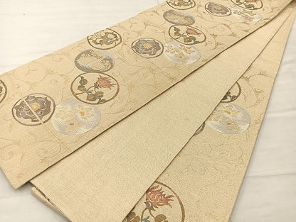 平和屋着物◎佐賀錦 六通柄袋帯 ふくれ織り 花丸文 金糸 正絹 逸品 BAAK3576if
