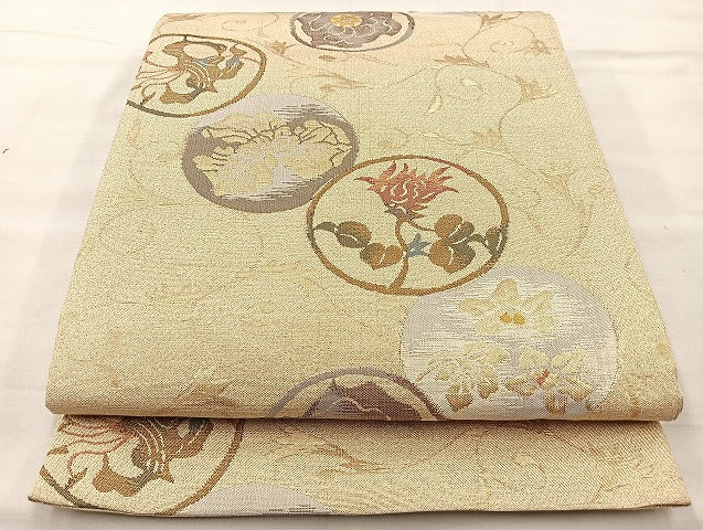 平和屋着物◎佐賀錦 六通柄袋帯 ふくれ織り 花丸文 金糸 正絹 逸品 BAAK3576if