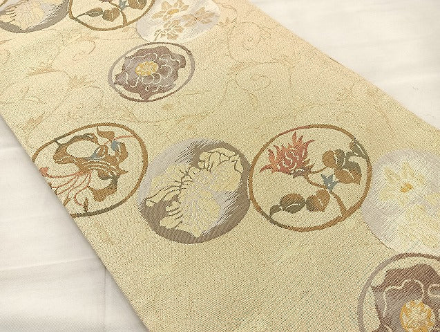 平和屋着物◎佐賀錦 六通柄袋帯 ふくれ織り 花丸文 金糸 正絹 逸品 BAAK3576if