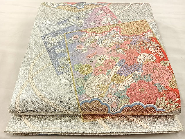 平和屋着物◎佐賀錦 六通柄袋帯 唐織 色紙孔雀花文 金銀糸 正絹 逸品 BAAK3590if