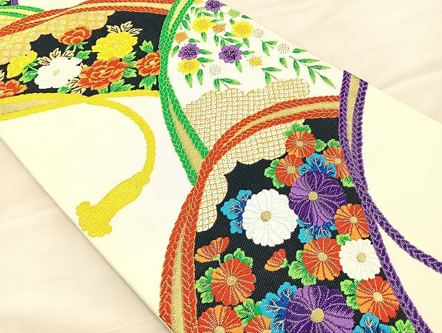 平和屋着物◎六通柄袋帯 唐織 組紐青海波花文 金糸 正絹 逸品 BAAK5733if