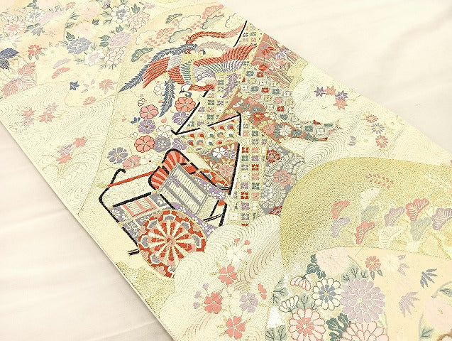 平和屋着物◎六通柄袋帯 唐織 遠山有職文 金糸 正絹 逸品 BAAK5732if