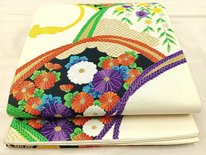 平和屋着物◎六通柄袋帯 唐織 組紐青海波花文 金糸 正絹 逸品 BAAK5733if