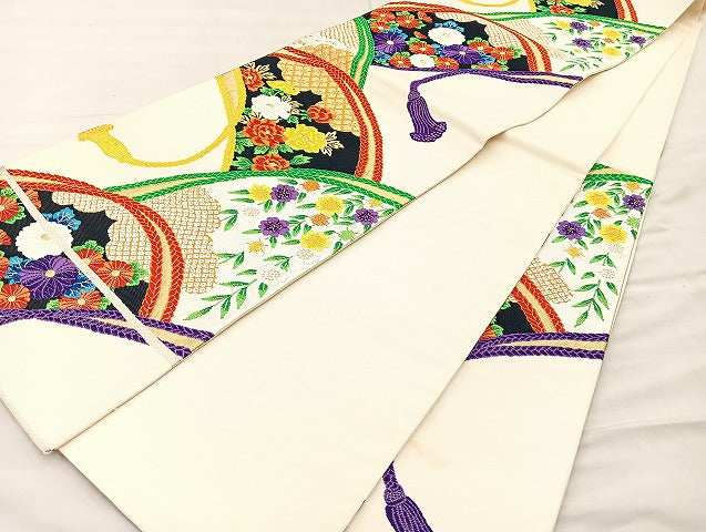 平和屋着物◎六通柄袋帯 唐織 組紐青海波花文 金糸 正絹 逸品 BAAK5733if