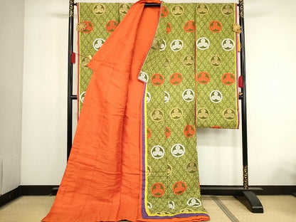 平和屋本店●超希少 十二単 丸に三つ柏文 長襦袢 六点セット 金糸 法衣 寺院 仏具 仏教 僧侶 神職 装束 正絹 逸品 KAAA1804kk4