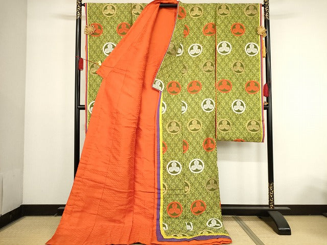 平和屋本店●超希少 十二単 丸に三つ柏文 長襦袢 六点セット 金糸 法衣 寺院 仏具 仏教 僧侶 神職 装束 正絹 逸品 KAAA1804kk4