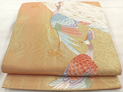 平和屋着物◎六通柄袋帯 唐織 孔雀 金糸 正絹 逸品 BAAK6166cm
