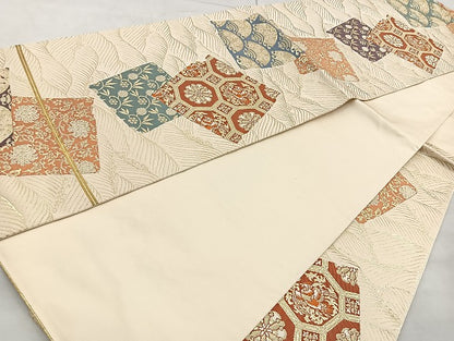 平和屋着物◎六通柄袋帯 漆箔 名物裂色紙文 金糸 正絹 逸品 BAAK6167cm