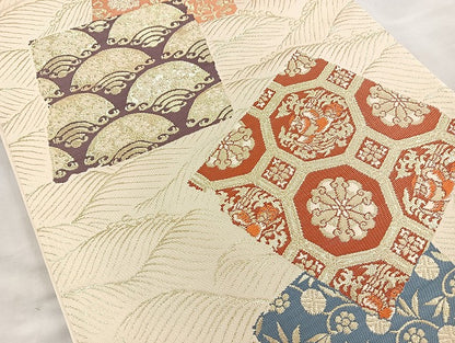 平和屋着物◎六通柄袋帯 漆箔 名物裂色紙文 金糸 正絹 逸品 BAAK6167cm