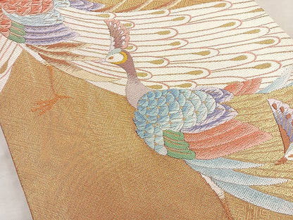 平和屋着物◎六通柄袋帯 唐織 孔雀 金糸 正絹 逸品 BAAK6166cm