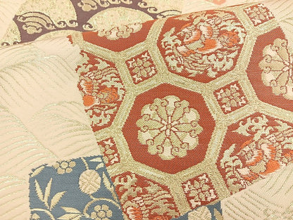 平和屋着物◎六通柄袋帯 漆箔 名物裂色紙文 金糸 正絹 逸品 BAAK6167cm