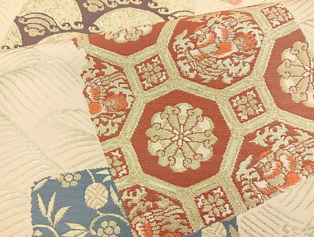 平和屋着物◎六通柄袋帯 漆箔 名物裂色紙文 金糸 正絹 逸品 BAAK6167cm