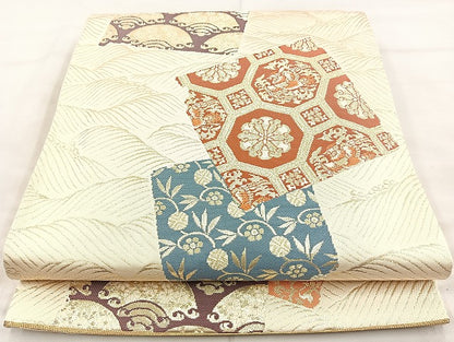 平和屋着物◎六通柄袋帯 漆箔 名物裂色紙文 金糸 正絹 逸品 BAAK6167cm