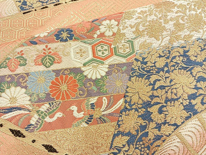 平和屋着物◎六通柄袋帯 唐織 扇面松皮崩文 金糸 正絹 逸品 BAAK6182cm
