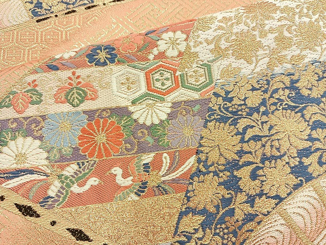 平和屋着物◎六通柄袋帯 唐織 扇面松皮崩文 金糸 正絹 逸品 BAAK6182cm
