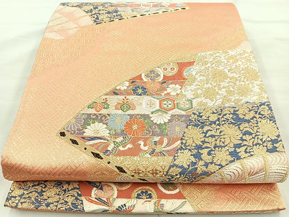 平和屋着物◎六通柄袋帯 唐織 扇面松皮崩文 金糸 正絹 逸品 BAAK6182cm