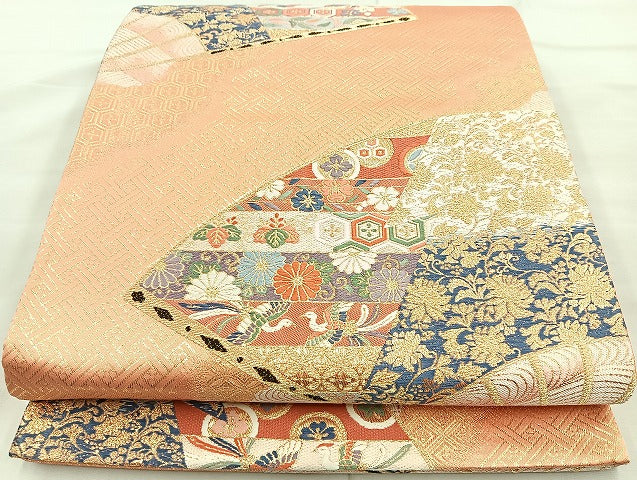 平和屋着物◎六通柄袋帯 唐織 扇面松皮崩文 金糸 正絹 逸品 BAAK6182cm