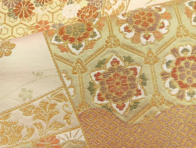 平和屋着物◎六通柄袋帯 色紙有職花文 金糸 正絹 逸品 BAAK6181cm