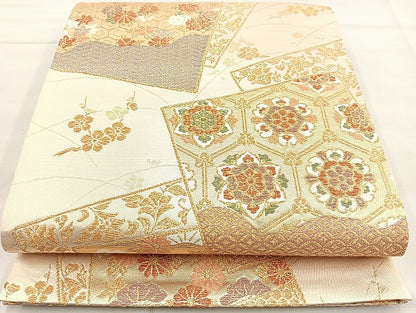 平和屋着物◎六通柄袋帯 色紙有職花文 金糸 正絹 逸品 BAAK6181cm