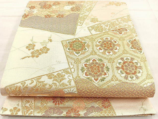 平和屋着物◎六通柄袋帯 色紙有職花文 金糸 正絹 逸品 BAAK6181cm