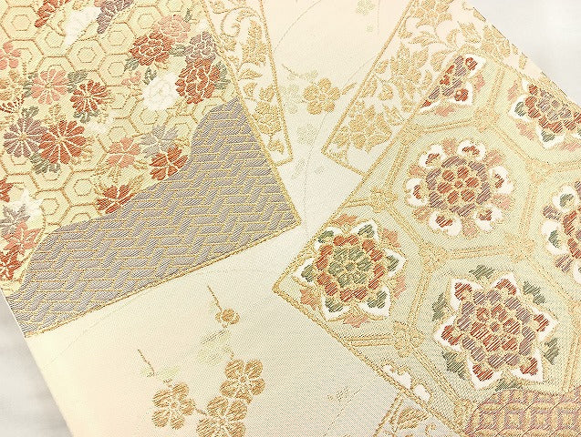 平和屋着物◎六通柄袋帯 色紙有職花文 金糸 正絹 逸品 BAAK6181cm