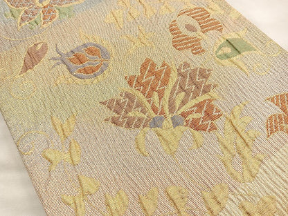 平和屋着物◎六通柄袋帯 ふくれ織 花唐草文 金糸 正絹 逸品 BAAK6187cm