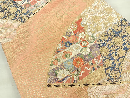 平和屋着物◎六通柄袋帯 唐織 扇面松皮崩文 金糸 正絹 逸品 BAAK6182cm