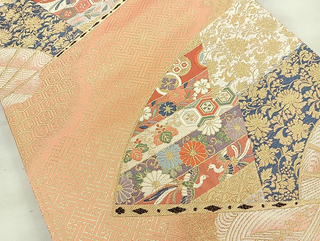 平和屋着物◎六通柄袋帯 唐織 扇面松皮崩文 金糸 正絹 逸品 BAAK6182cm