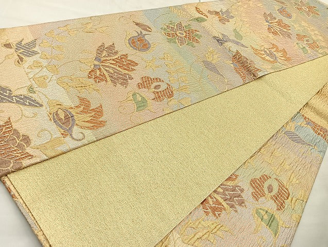 平和屋着物◎六通柄袋帯 ふくれ織 花唐草文 金糸 正絹 逸品 BAAK6187cm