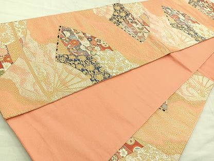 平和屋着物◎六通柄袋帯 唐織 扇面松皮崩文 金糸 正絹 逸品 BAAK6182cm