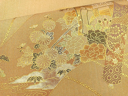 平和屋着物◎太鼓柄袋帯 花鳥絵巻 金彩 正絹 逸品 BAAK8707cm