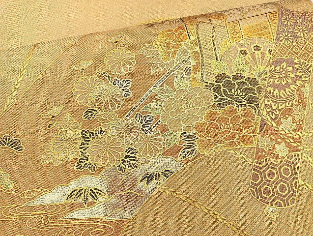 平和屋着物◎太鼓柄袋帯 花鳥絵巻 金彩 正絹 逸品 BAAK8707cm