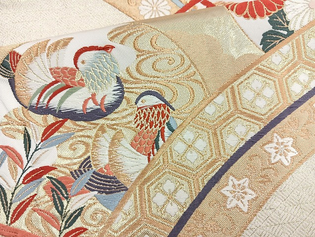 平和屋着物◎六通柄袋帯 唐織 鴛鴦花丸文 金糸 正絹 逸品 BAAK8602cm