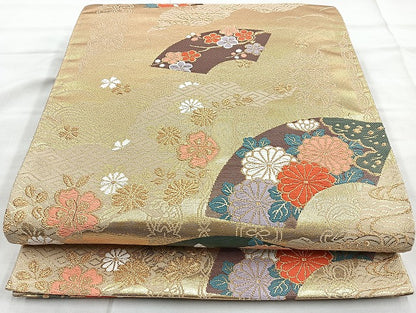 平和屋着物◎六通柄袋帯 唐織 道長地紙文 金糸 正絹 逸品 BAAK8606cm