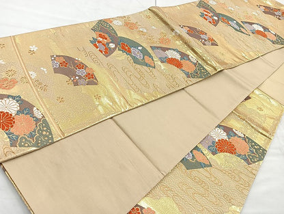 平和屋着物◎六通柄袋帯 唐織 道長地紙文 金糸 正絹 逸品 BAAK8606cm