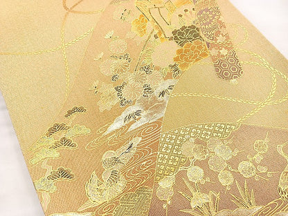 平和屋着物◎太鼓柄袋帯 花鳥絵巻 金彩 正絹 逸品 BAAK8707cm