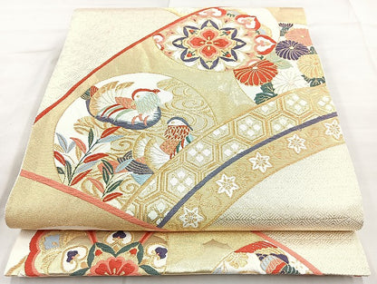 平和屋着物◎六通柄袋帯 唐織 鴛鴦花丸文 金糸 正絹 逸品 BAAK8602cm