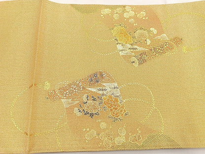 平和屋着物◎太鼓柄袋帯 花鳥絵巻 金彩 正絹 逸品 BAAK8707cm