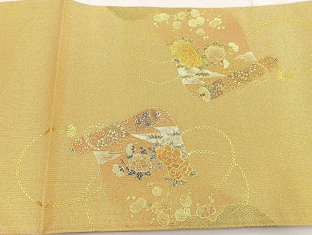平和屋着物◎太鼓柄袋帯 花鳥絵巻 金彩 正絹 逸品 BAAK8707cm