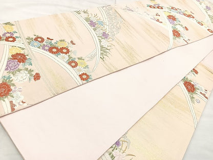 平和屋着物◎六通柄袋帯 唐織 芝草花文 金銀糸 正絹 逸品 BAAK8615cm