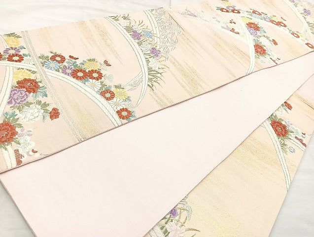 平和屋着物◎六通柄袋帯 唐織 芝草花文 金銀糸 正絹 逸品 BAAK8615cm