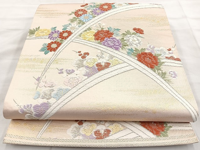 平和屋着物◎六通柄袋帯 唐織 芝草花文 金銀糸 正絹 逸品 BAAK8615cm
