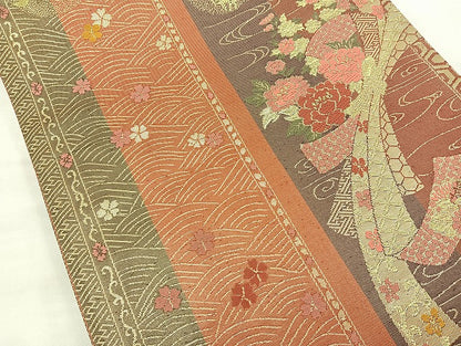 平和屋着物◎全通柄袋帯 唐織 束ね熨斗花文 金糸 正絹 逸品 BAAK8618cm